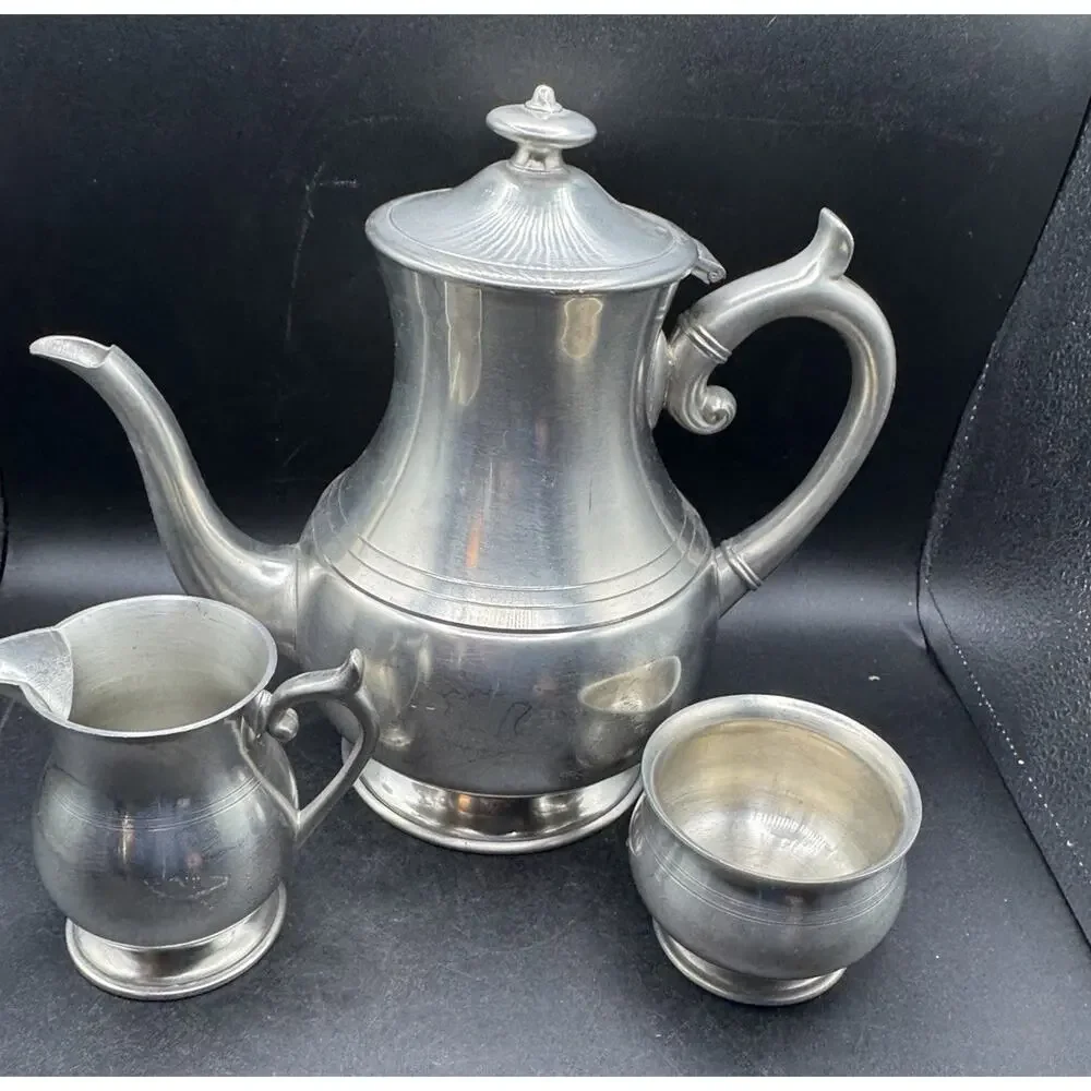 Vintage Woodbury Pewter 3 Piece Teapot Cream and Open Sugar Bowl USA EUC